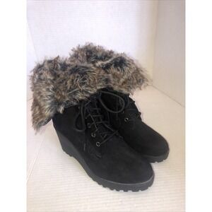 Rocket Dog Wedge Lace Up Boots with Faux Fur Women's Black‎ Size 10